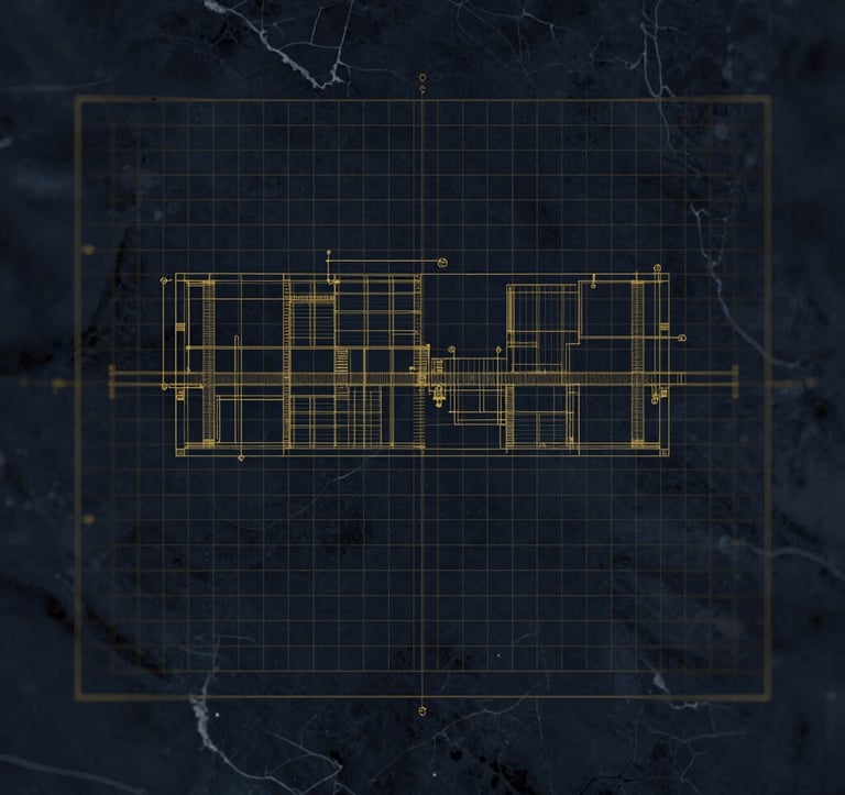 An artistic, high-contrast image of a technical blueprint or structural grid overlaid on a subtle, dark marble texture. The style is modern editorial with a focus on precision. Colors: deep navy (#1A2B3C) with delicate gold (#C0A060) linework.