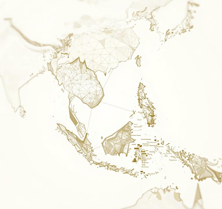 A premium digital illustration of a map focusing on Southeast Asia, rendered in subtle metallic gold (#C0A060) lines against a clean off-white (#F8F6F1) background. Purposeful geometric patterns connect major cities, representing strategic connectivity and regional insight.