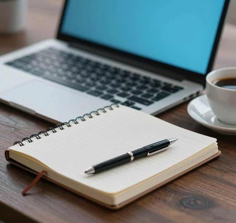 A minimalist, macro shot of a sleek laptop and a designer notebook on a dark wood desk. A soft blue (#658BA3) glow from a screen illuminates a cup of coffee. The composition is clean and modern, suggesting a refined workspace.