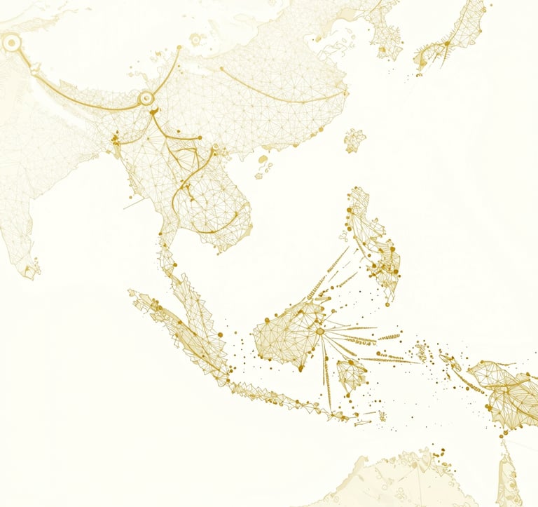 A clean, minimalist editorial graphic of a map of Southeast Asia. The map is rendered in thin #C0A060 gold lines and geometric dots on a light #F8F6F1 background, symbolizing connectivity and regional research insights. The style is modern and authoritative.