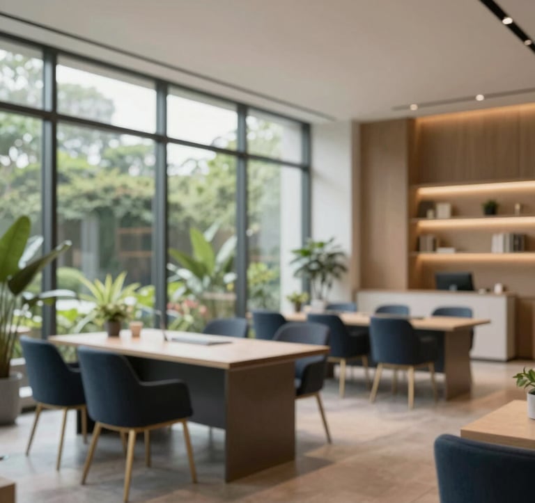 A professional, clean architectural shot of a modern, warm-toned workspace in Southeast Asia. Large windows overlook lush greenery, reflecting a 'regionally grounded' vibe. The lighting is natural and sophisticated, with accents of dark navy and gold in the furniture and decor.