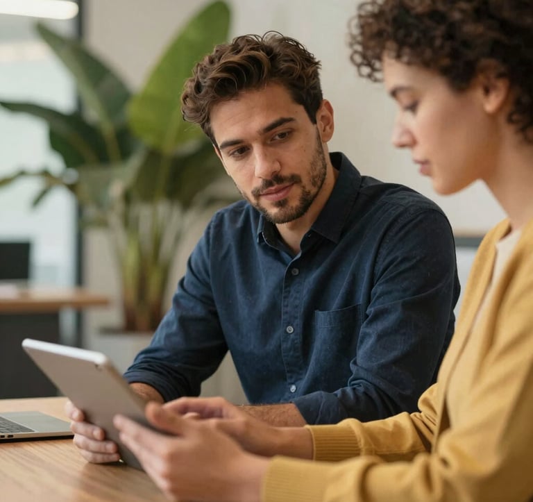 An editorial style, close-up shot of two professionals from diverse backgrounds discussing a project over a tablet in a modern office with tropical plants. The lighting is warm and approachable with soft navy (#1A2B3C) and gold (#C0A060) color accents.