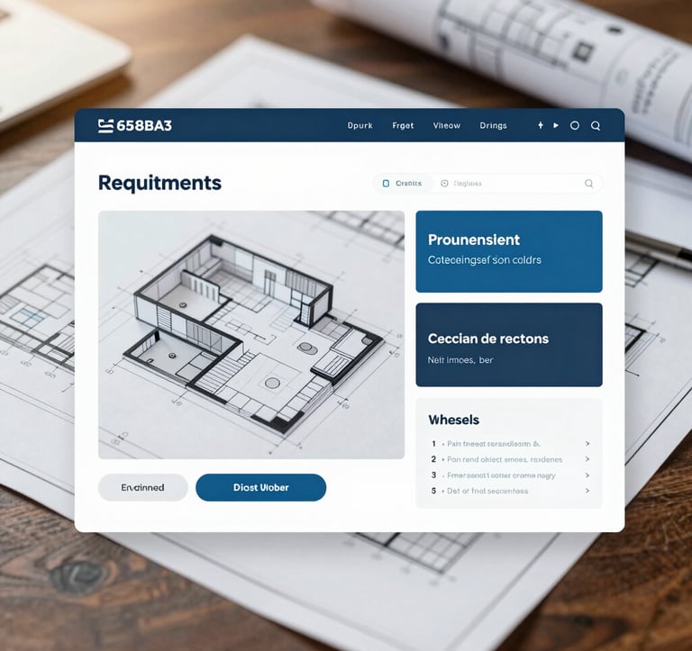 A refined, professional still-life photograph showing architectural blueprints and digital strategy diagrams overlapping on a dark wood surface. Soft, warm lighting creates an approachable yet expert feel. Colors include #658BA3 and #1A2B3C.