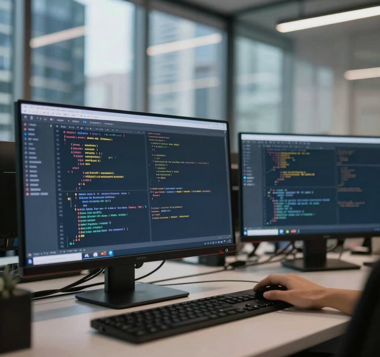 An editorial close-up of a high-tech coding environment in a modern office in Jakarta or Kuala Lumpur. Sleek glass screens display clean software code, with reflections of a vibrant city through the window. Sophisticated, tech-forward lighting using #1A2B3C navy and #C0A060 gold accents.