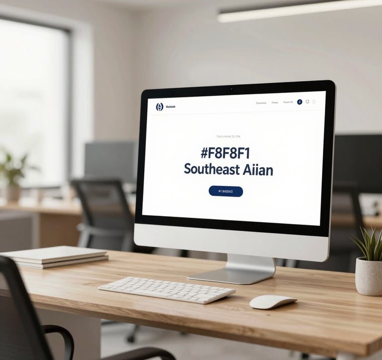 A close-up of a high-end, contemporary workspace in a Southeast Asian business hub. Warm wood textures are paired with sleek modern technology. The atmosphere is professional yet approachable, with a palette dominated by off-white (#F8F6F1) and navy (#1A2B3C).