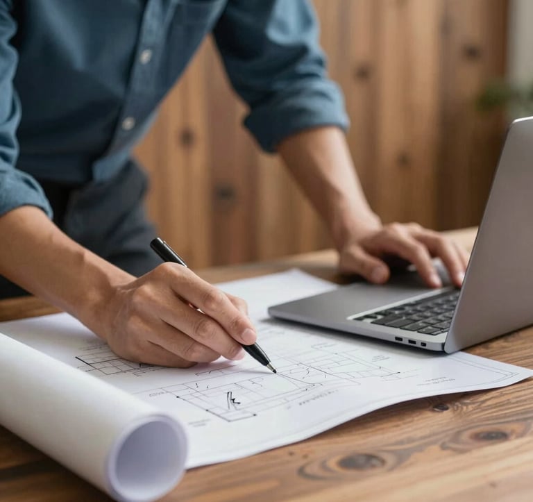 A high-quality image of hands collaborating over a technical blueprint and a sleek laptop, set against a background of warm Southeast Asian wood. Professional lighting, emphasizing expertise and trusted partnership with #1A2B3C tones.