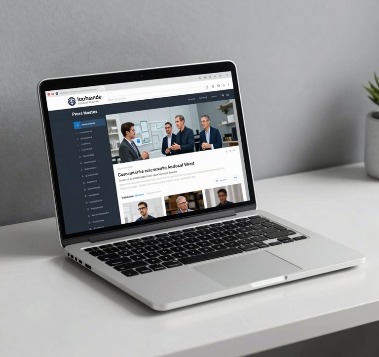 A clean, contemporary workspace with a silver-white laptop showing a professional educational interface, set against a minimalist cool grey background.