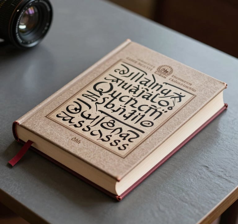 A professional photograph of an elegantly bound academic book featuring Quechua calligraphy on the cover, resting on a slate grey desk with deep crimson red bookmarks.
