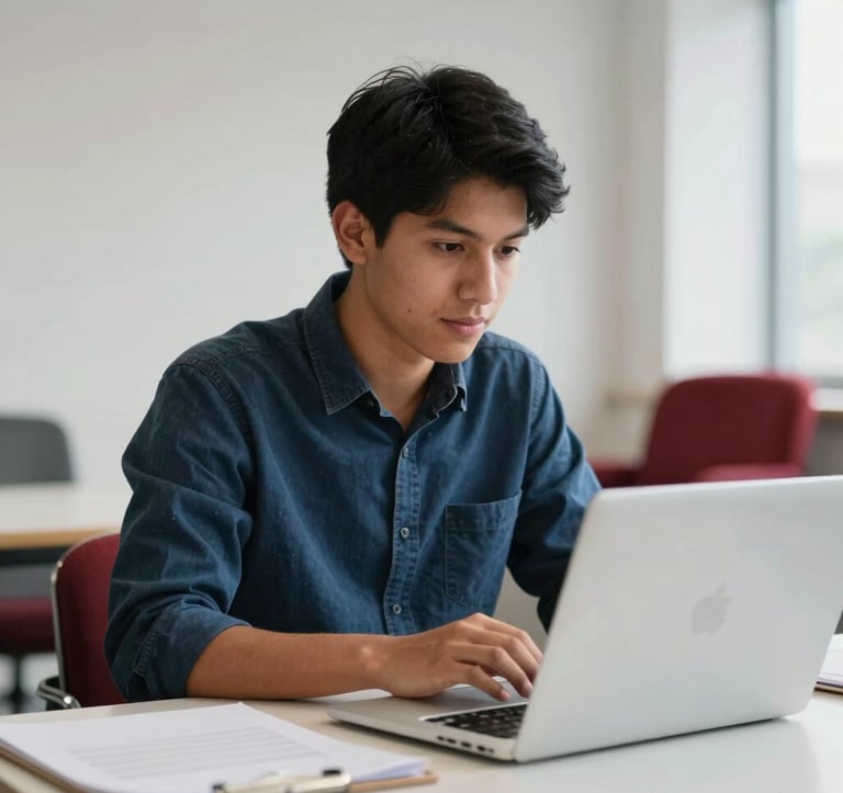 A professional student of Andean descent using a sleek silver laptop in a bright, contemporary study space. The background features clean walls and a hint of a crimson-red armchair. The scene conveys innovation and educational focus.
