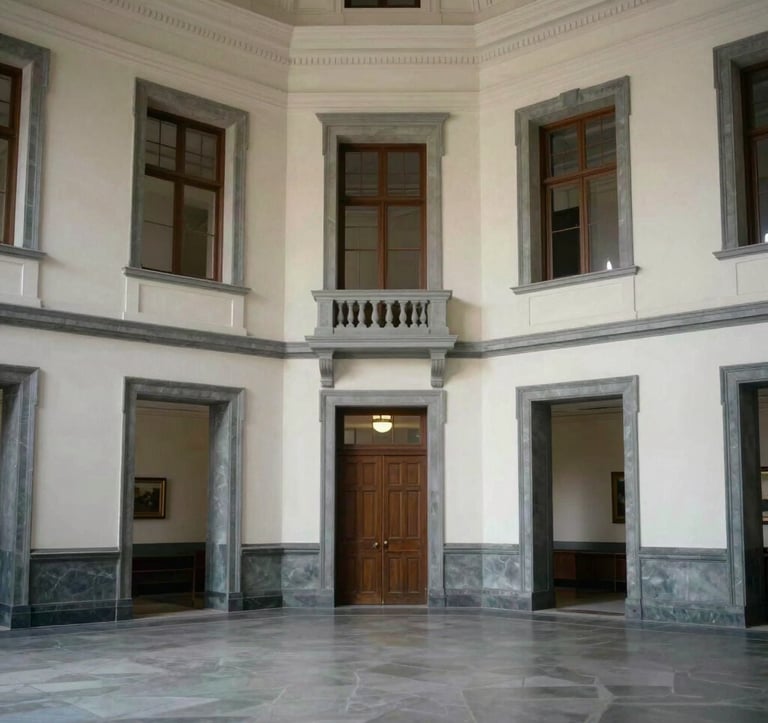 A wide shot of a prestigious research hall with soft off-white walls and architectural details in dark slate grey, conveying a sense of authoritative academic history.