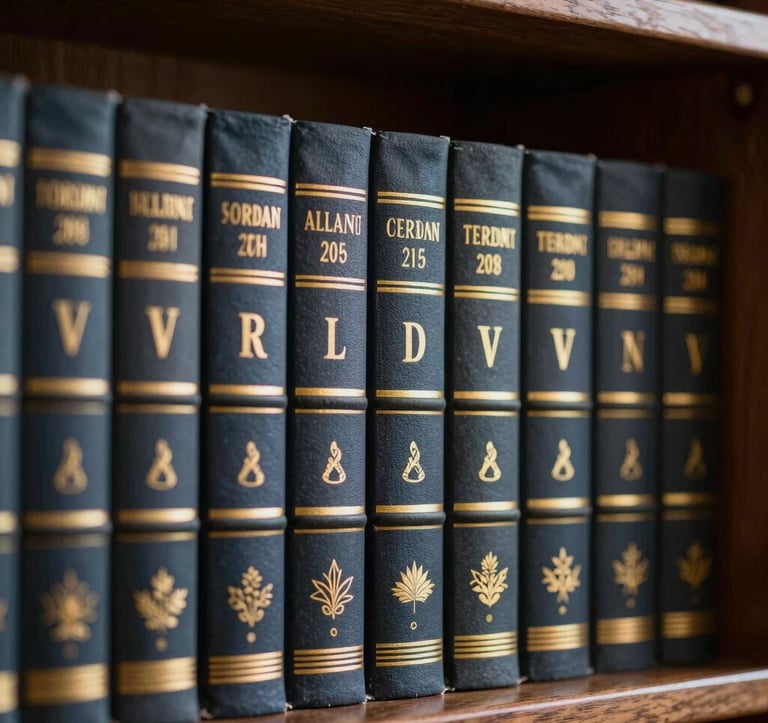 A close-up, sharp-focus photograph of elegant, high-quality book spines and covers with gold-embossed lettering and native motifs. The books are displayed on a dark wooden shelf in an authoritative library setting.