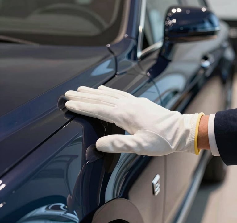 A close-up photograph of a professional curator's hand in a Soft Pearl White glove, gently touching the perfect paintwork of a Midnight Navy luxury vehicle in a high-end showroom.