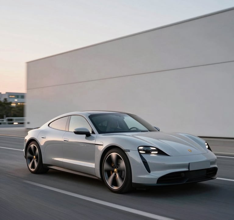 A silver slate Porsche Taycan driving through a minimalist urban environment at dusk. The body of the car reflects the soft pearl white city lights. Cinematic motion blur in the background.