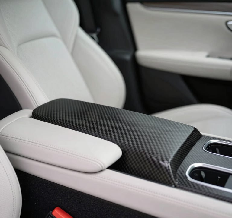 Interior shot of a high-end luxury car cockpit, focusing on the pearl white leather stitching and a minimalist center console made of deep charcoal carbon fiber. Soft, diffused lighting coming from the side.