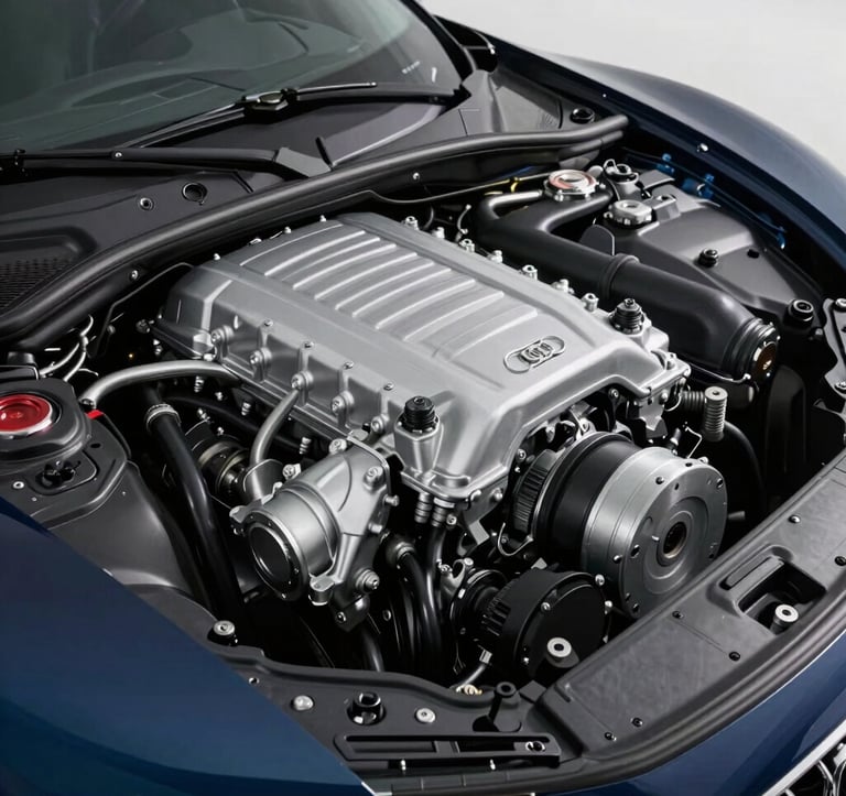 Detailed view of a high-performance engine bay of an Audi R8. Metallic components in silver slate and midnight navy, impeccably clean, highlighted by bright, professional studio lighting.