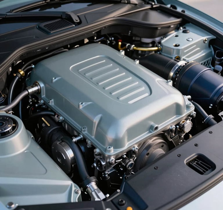 A high-detail photograph of a luxury vehicle's engine bay. The components are immaculately clean, featuring Misty Slate metallic textures and Midnight Navy accents. The lighting is crisp and clinical, emphasizing precision engineering.