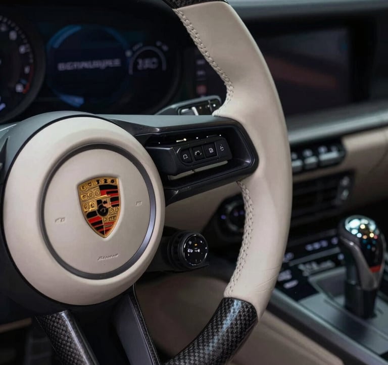 A close-up high-detail shot of a Porsche's steering wheel and gear shifter. The interior features soft off-white leather and carbon fiber accents. The lighting is moody, with deep night black shadows and soft midnight navy blue glows from the dashboard lights.