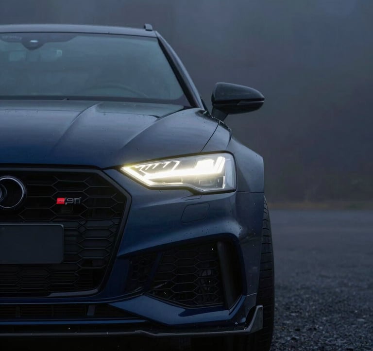A low-angle shot of a midnight navy blue Audi RS6's front grille and sharp LED headlights. The headlights are glowing with a soft off-white light, cutting through a dark, foggy background. Minimalist and ultra-modern aesthetic.