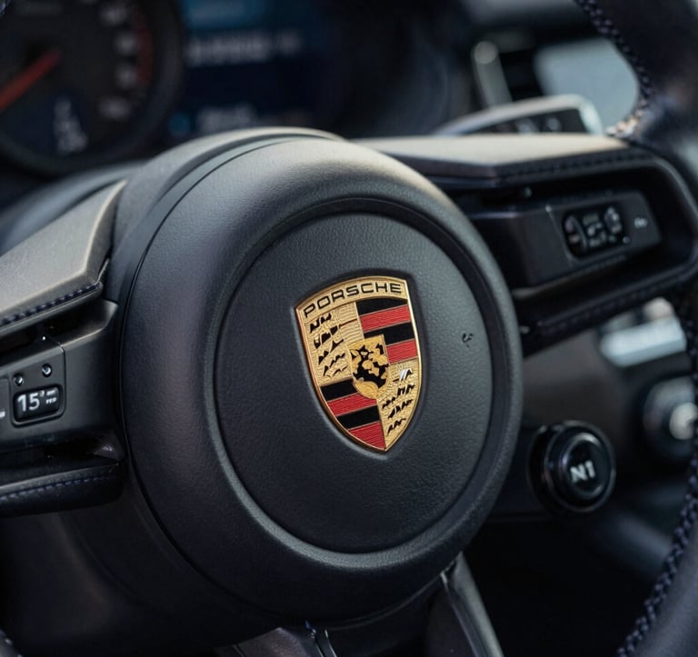 A detailed close-up shot of a Porsche steering wheel crest. The interior is Deep Obsidian Black leather with Midnight Navy contrast stitching, captured with a shallow depth of field in a Soft Pearl White light.