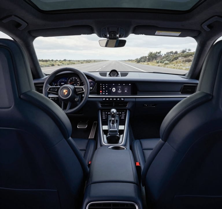 A wide-angle interior shot of a modern Porsche cabin. The seats are draped in Midnight Navy leather, and the digital dashboard glows with Soft Frost light. The perspective is from the driver's seat, looking toward the open road.