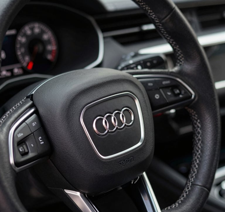 Close-up of a premium leather steering wheel in an Audi, with silver slate stitching and the brand logo. The dashboard in the background is dimly lit with pearl white indicators. Sophisticated texture detail.