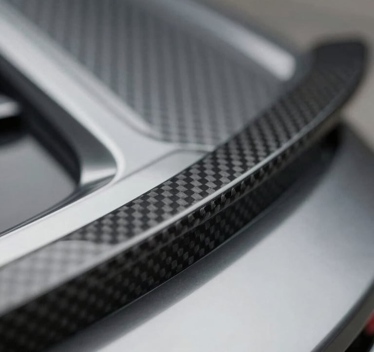 Macro shot of a high-end car transport detail, featuring polished chrome and carbon fiber. Sleek, industrial-luxe style. Palette includes #1A1A1A and #F8F5F0.