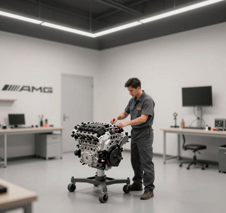 Clean, ultra-modern workshop bay with high-key lighting. An AMG engine being inspected by a technician in professional attire. Minimalist, premium aesthetic in #1A1A1A and #F8F5F0.