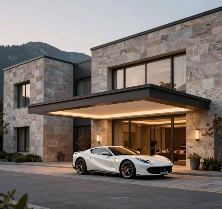 An elegant, low-profile luxury hotel entrance in the mountains. A Ferrari 812 is parked elegantly in front of minimalist stone architecture. Soft twilight lighting with #B2A292 and #F8F5F0 tones.