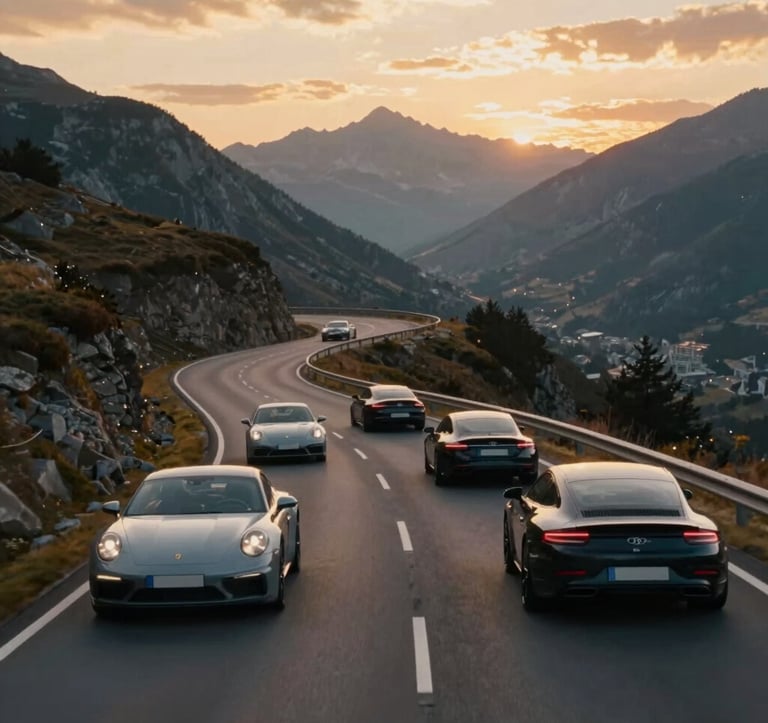 A formation of five prestige cars driving through the winding mountain roads of the Pyrenees at sunset. Wide cinematic shot, golden hour light, reflecting #F8F5F0 and #5C5046 tones.