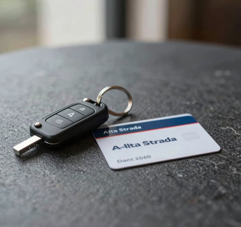 A close-up of a set of premium car keys and an Alta Strada membership card on a minimalist dark stone table. Luxury lifestyle composition with soft natural light.
