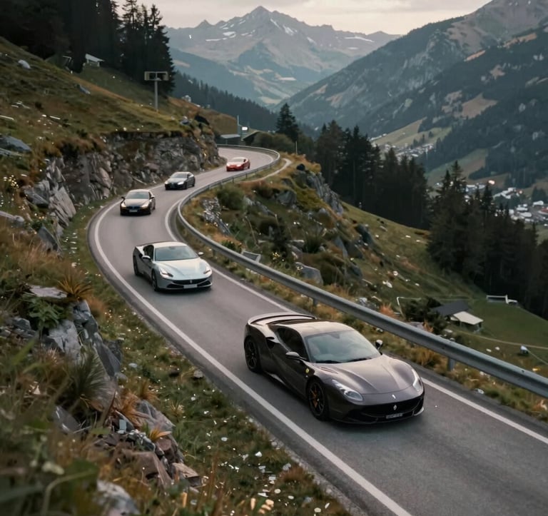 Aerial shot of a caravan of luxury cars (Ferrari, BMW M) driving through a scenic European mountain pass. Sophisticated, high-performance vibe with a palette of #5C5046 and deep blacks. High-end lifestyle photography.