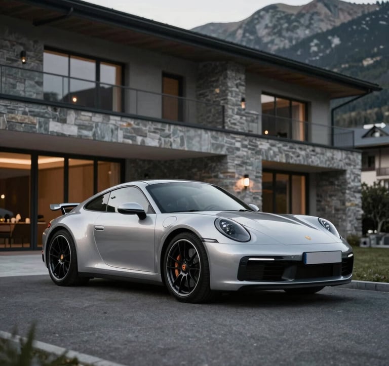 A stunning silver Porsche 911 parked in front of a modern architectural villa in Andorra. Soft evening lighting with #B2A292 tones in the stone and #1A1A1A in the shadows. Exclusive and high-end look.