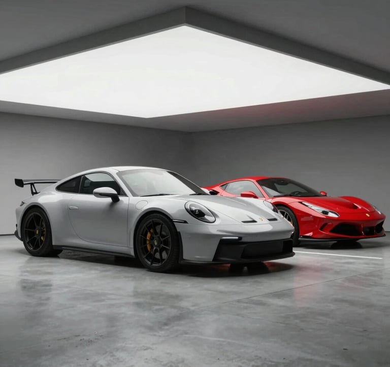 Front profile of a Porsche 911 GT3 and a Ferrari F8 in a minimalist, architectural garage with smooth concrete floors. Clean lines, soft overhead lighting, embodying a high-performance luxury vibe.