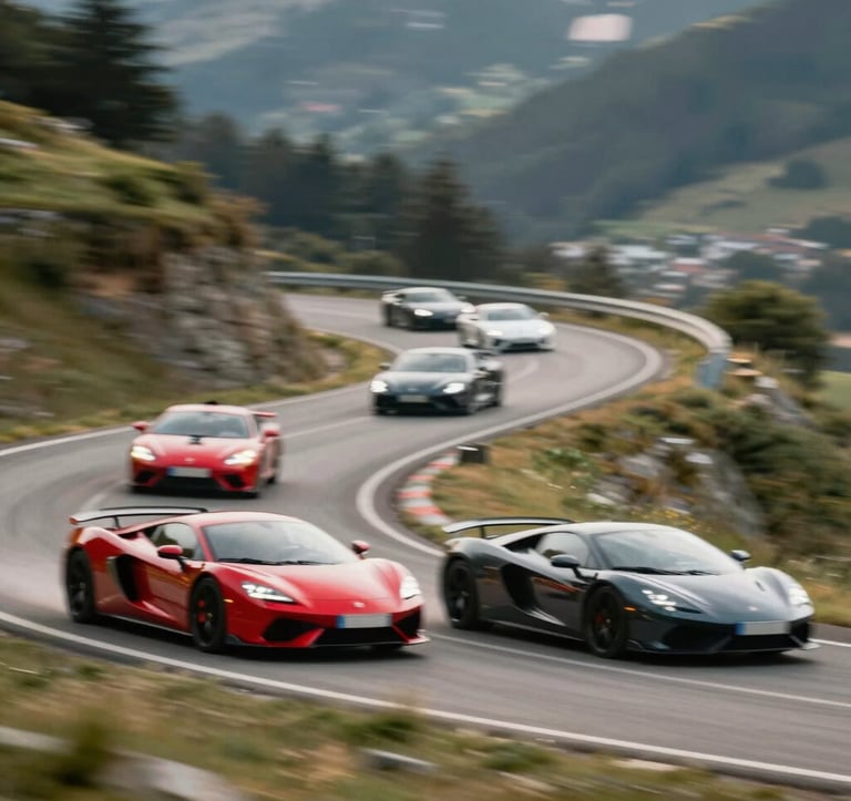 A formation of supercars navigating a scenic hairpin turn in the Pyrenees. High-speed cinematic motion blur, premium automotive lifestyle photography, featuring #5C5046 and #1A1A1A tones.