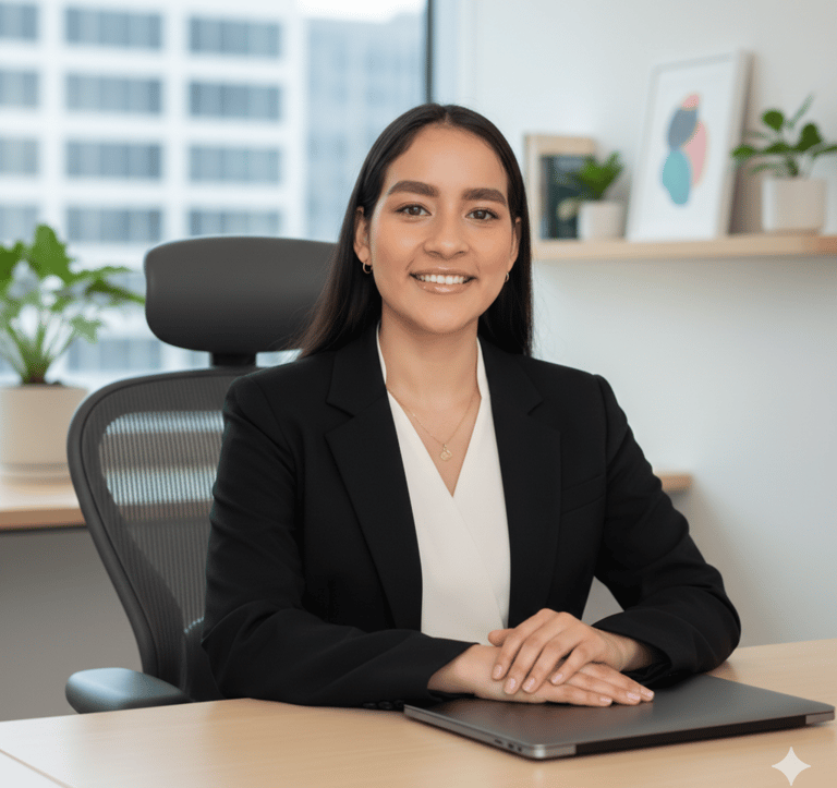Professional businesswoman in a black blazer smiling at an office desk with a laptop.