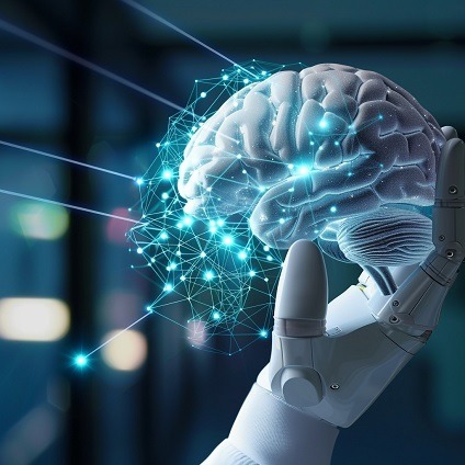 Robotic hand holding a digital brain, symbolizing AI as a creative partner.