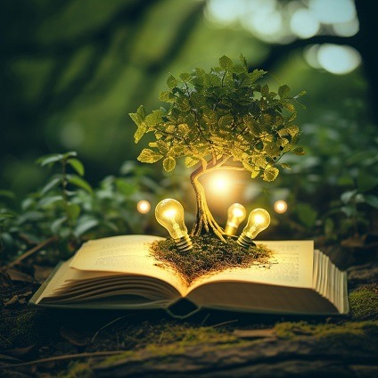 Tree of knowledge growing from a book, symbolizing mentorship and inspiration.