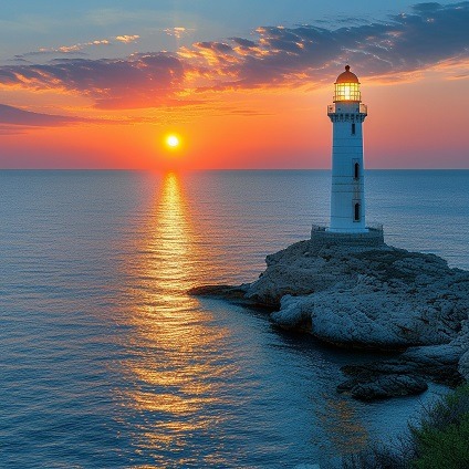Lighthouse at sunset, symbolizing steady guidance and leadership.