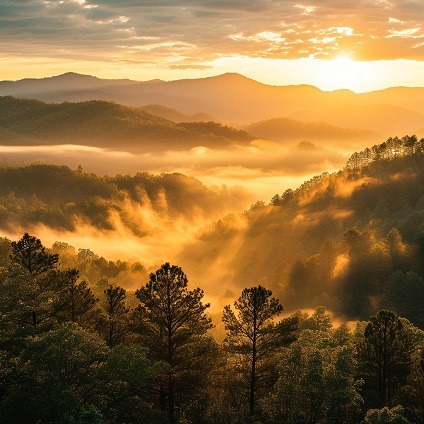 Sunrise over misty mountains, symbolizing youth, inspiration, and limitless potential.