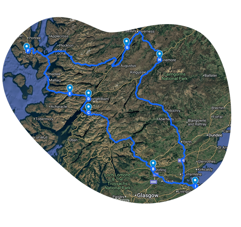 Map showing a suggested route around Scotland