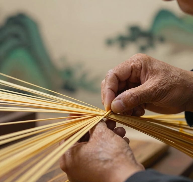 A close-up photograph of a master craftsman's hands working with golden-hued bamboo fibers. The lighting is warm and focused, highlighting the refined craftsmanship. The background is a soft ivory studio setting with subtle deep forest green accents.