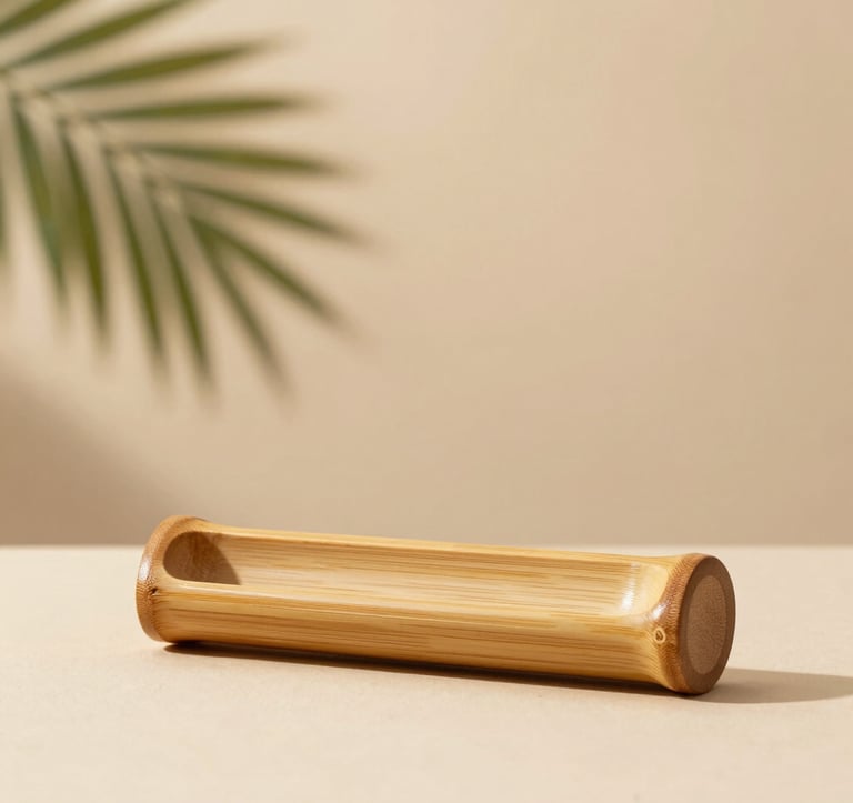 High-end photography of a minimalist, luxurious handcrafted bamboo object. The object sits on a soft ivory surface. In the background, a soft shadow of a tropical leaf is cast against a warm beige wall. Tranquil and premium mood.