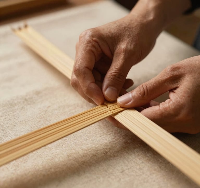 A close-up of skilled artisan hands working with warm beige bamboo strips. The lighting is warm and focused, casting soft shadows. The background is a soft ivory linen, emphasizing the tactile nature of the craft.