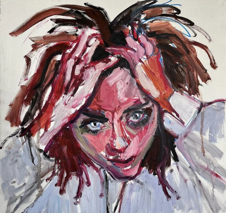 Oil painting of a woman with red hair and a white shirt by mone Kielė - "Viskas"