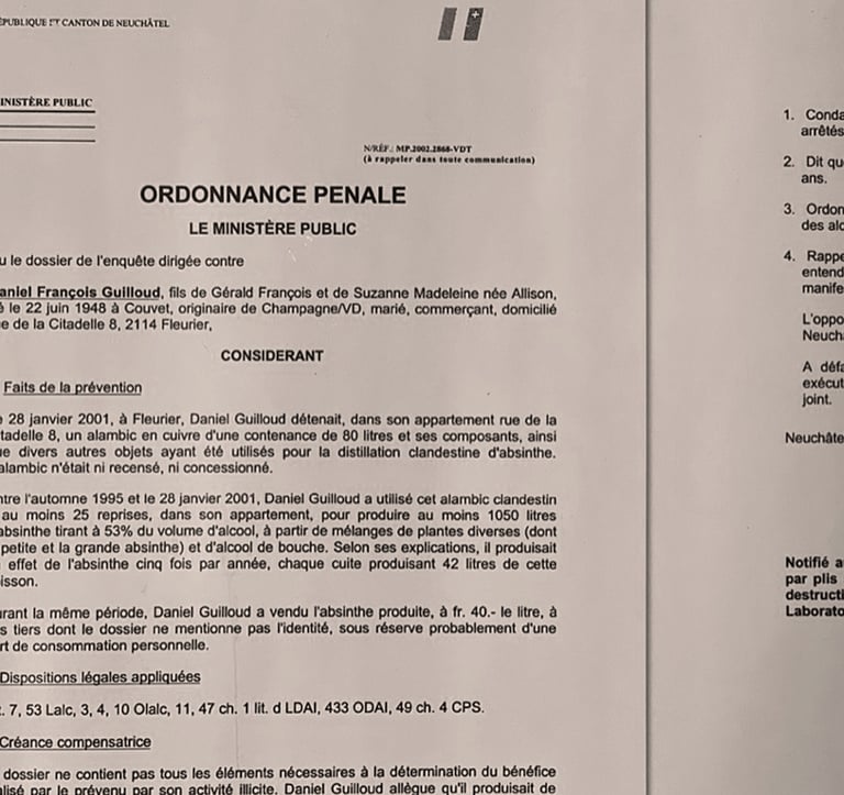 Ordonnance pénale qui dénonce Guilloud de sa fabrication illégale d'absinthe
