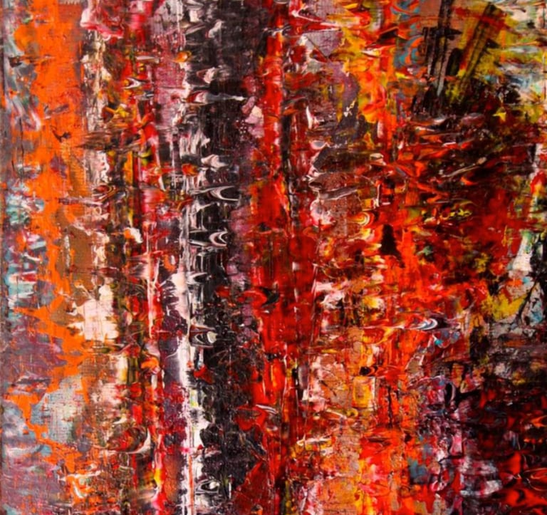 Vibrant colorful abstract paining with dominating orange, red colors.