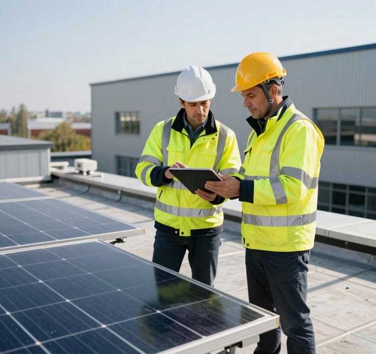 Italian engineers wearing high-visibility jackets and hardhats discussing solar panel placement using a tablet on top of a commercial building rooftop under bright daylight.