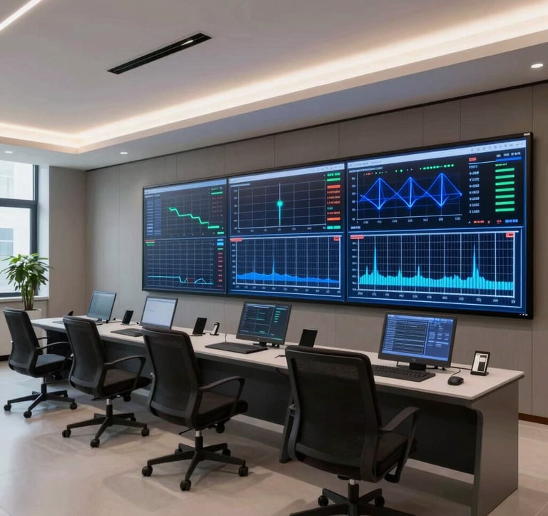 Modern interior of an energy management control room with sleek digital screens showing real-time solar performance metrics and electric blue telemetry graphs in an Italian corporate headquarters.