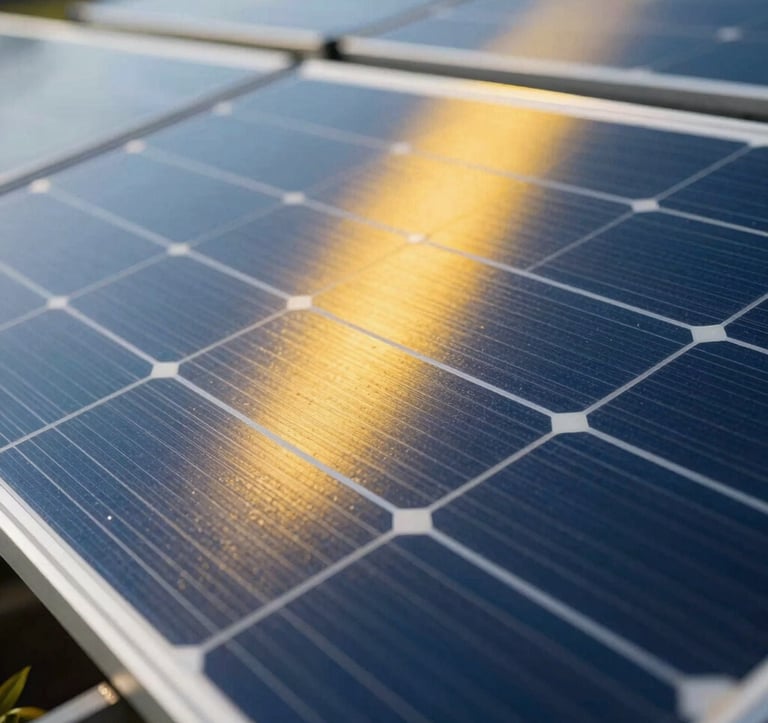 Macro shot of modern monocrystalline photovoltaic panel grid surface reflecting electric blue and solar yellow light, bright clean industrial aesthetic, crisp focus.