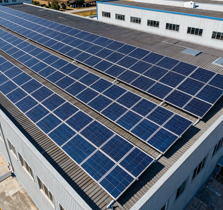 Clean aerial view of a large commercial photovoltaic system on an Italian factory roof, featuring bright electric blue solar panels against dark grey industrial tiles under sunny skies.